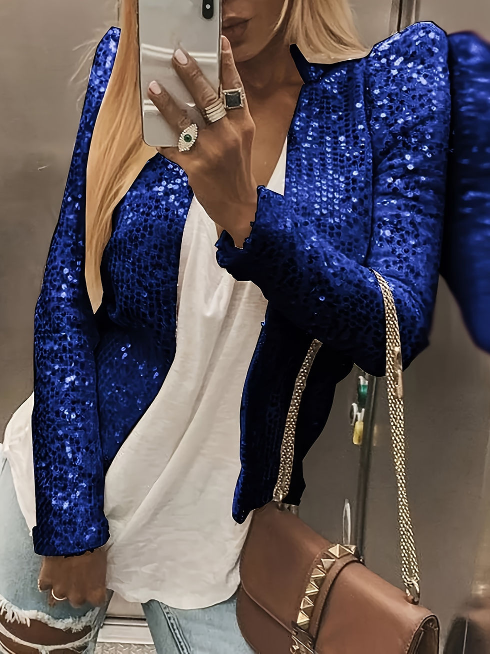 Thumbnail: Memphis Glam: Solid Crew Neck Sequined Jacket 