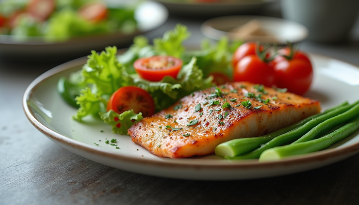Close-up view of a healthy meal with colorful vegetables and lean protein on a plate