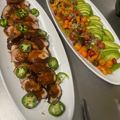 Roasted Pork Loin with Hot Honey BBQ Sauce, Fresh Cherry Tomato & Avocado Salad