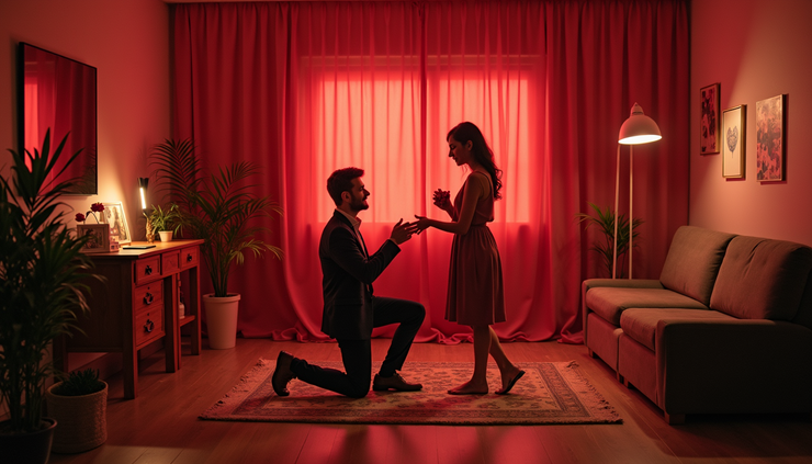 Vue en plongée d’une pièce décorée pour un escape game romantique avec indices et décorations