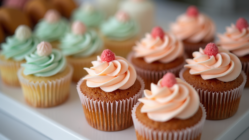 Close-up view of a colorful wedding dessert table with cupcakes and macarons
