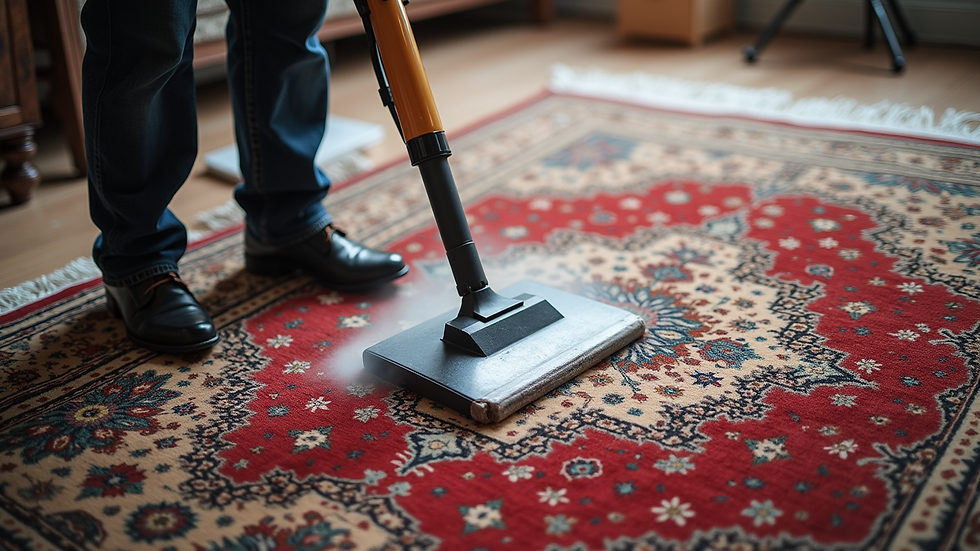 High angle view of a professional cleaning an oriental rug with specialized equipment
