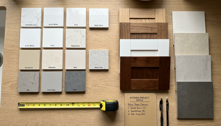 Top-down view of quartz samples placed beside cabinet finishes and kitchen tiles.