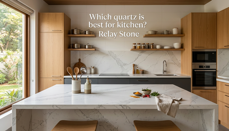 Wide-angle view of a bright kitchen with a Relay Stone quartz island.