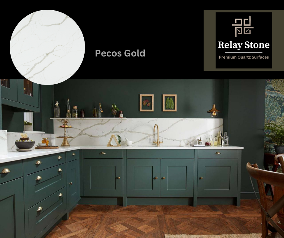 Pecos Gold White quartz is the best quartz stone for Green Kitchen Cabinets.