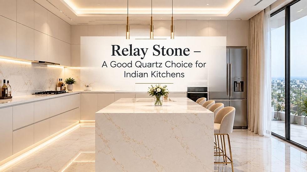 Modern beige kitchen with marble island and stools; text says Relay Stone — A Good Quartz Choice for Indian Kitchens
