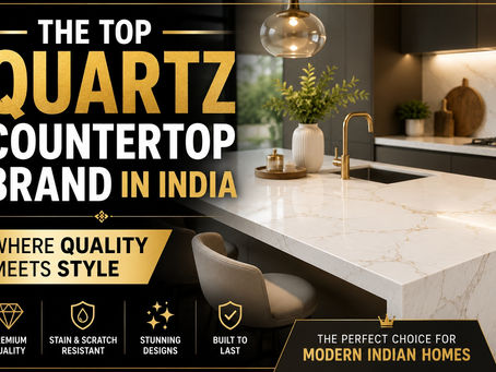 Luxury modern kitchen featuring a white Calacatta-style quartz countertop with elegant gold veining, showcasing premium quartz surfaces for Indian homes. Promotional banner highlighting the top quartz countertop brand in India with focus on quality, durability, stain resistance, and stylish kitchen design.