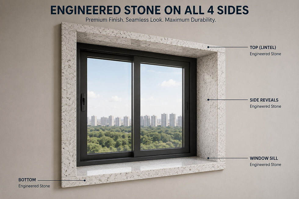 Diagram of a black window framed in speckled engineered stone, labeled top, side reveals, sill, and bottom, with city view.
