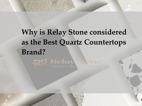 Assorted quartz samples with text: "Why is Relay Stone considered as the Best Quartz Countertops Brand?" Logo: Relay Stone Premium Quartz Surfaces.