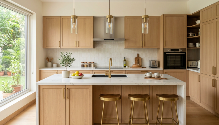 Eye-level view of a modern kitchen island with white quartz and wooden cabinets.