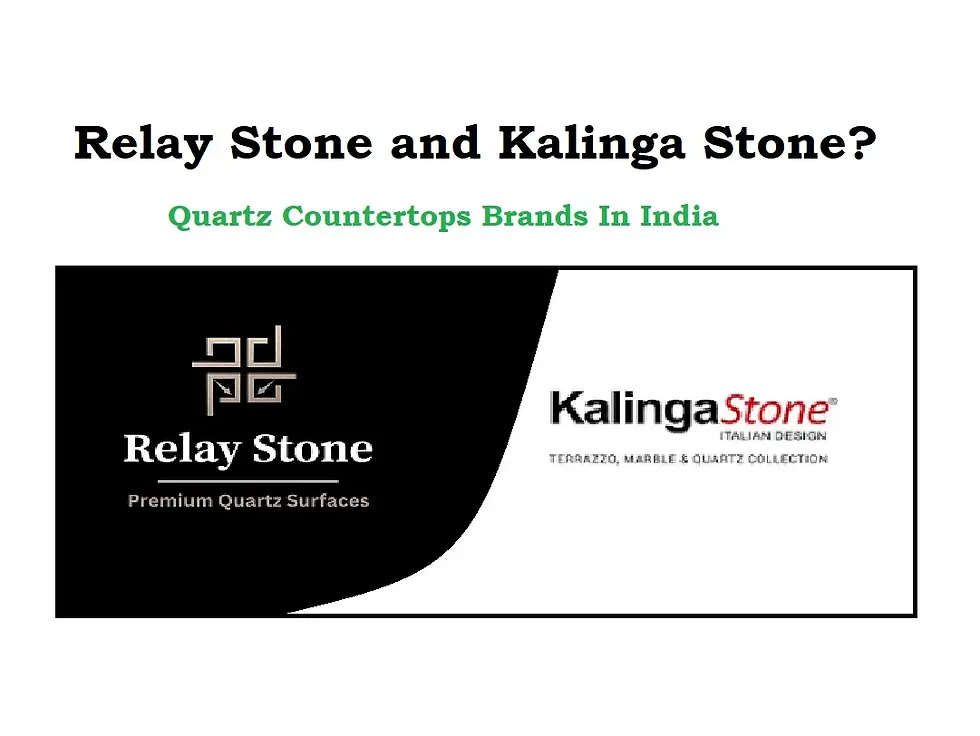 Image of Relay Stone logos on a white and black background. Text: "Quartz Countertops Brands In India."