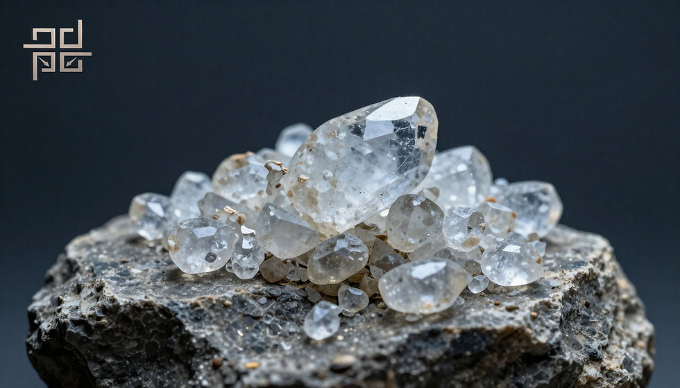 Clear quartz crystals rest on a rough, dark rock against a plain background. A geometric logo appears in the top left corner.