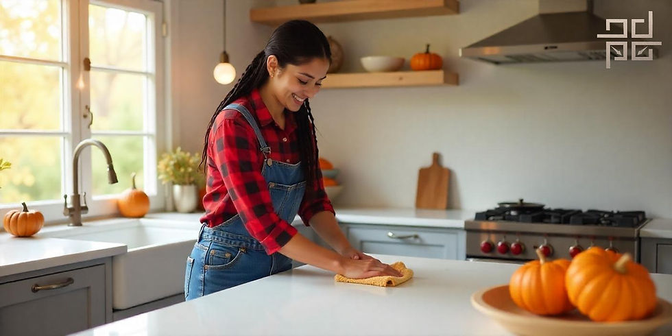 Woman smiling, cleaning a Quartz Stone Countertops with a cloth. She wears a red plaid shirt and overalls. Fall decor and pumpkins visible in the background.