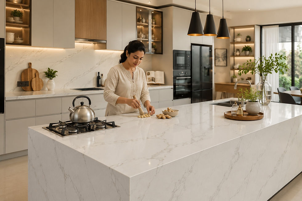 Woman shaping dough balls on a quartz kitchen island in a bright modern home, with a kettle, plants, and warm pendant lights showing the benefit of quartz countertop