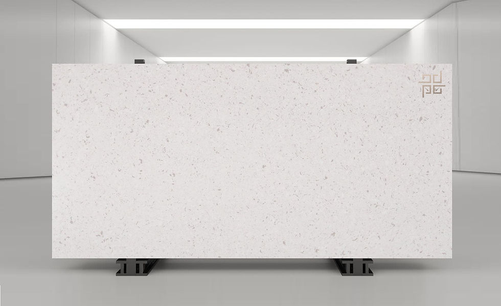 Eternal Quartz Countertop stone slab with subtle speckles, displayed upright in a minimalist, well-lit room. A Relay Stone logo is visible in the top right corner.