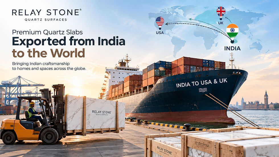 Forklift loads Relay Stone quartz crate at port beside cargo ship labeled INDIA TO USA & UK, with world map and export text.