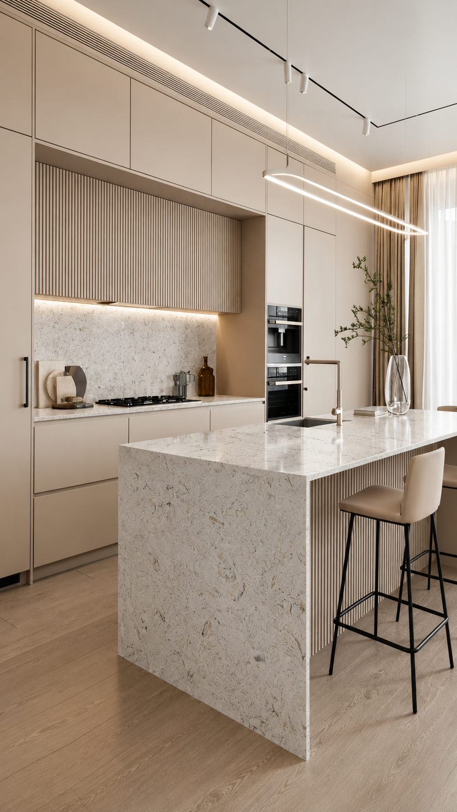 Exuding marble-like sophistication, Relay Stone’s Hazelnatto features a graceful blend of beige tones and brown onyx, enriched with bluish-gray Carrara in a flowing design. Ideal for stylish kitchen counters, bathroom vanities, backsplashes, waterfalls, and floors, this quartz brings everlasting beauty and refinement to interiors.