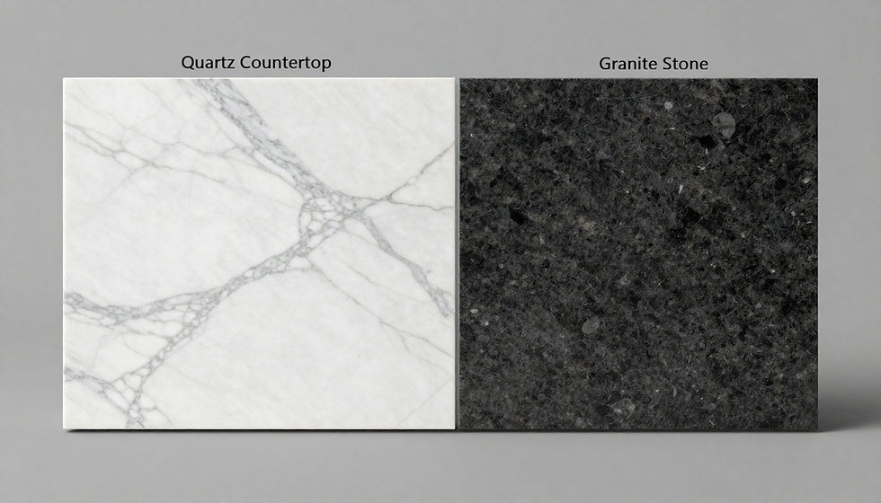 White quartz countertop with gray veins on the left, dark granite stone with speckled texture on the right, labeled above. Gray background.