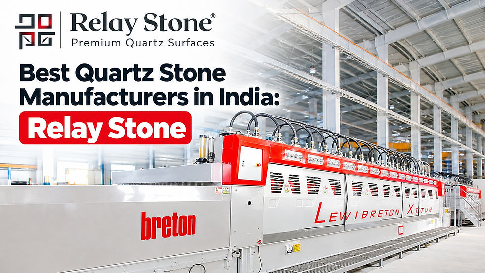 Best Quartz Stone Manufacturers in India – Relay Stone quartz manufacturing facility with Breton machinery and Premium Quartz Surfaces logo.