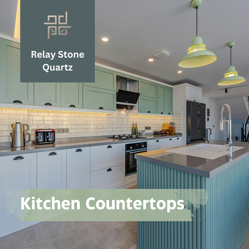 Modern kitchen with mint green cabinets of grey quartz countertops, and pendant lights. Text: "Relay Stone Quartz, Kitchen Countertops."