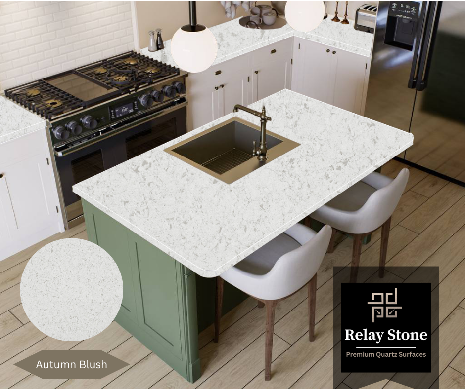 Autumn Blush quartz stone for Sage Green Kitchen Cabinets.