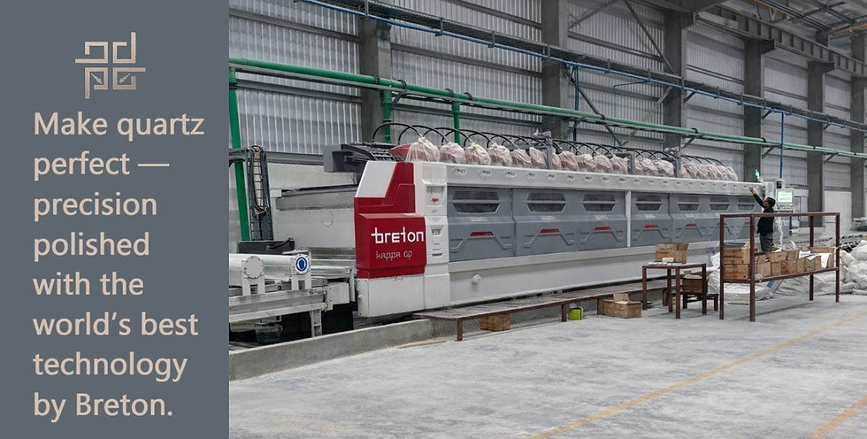 Industrial setting with a Breton Quartz Stone Countertops polishing machine, a worker nearby. Text: "Make quartz perfect—precision polished with Breton."