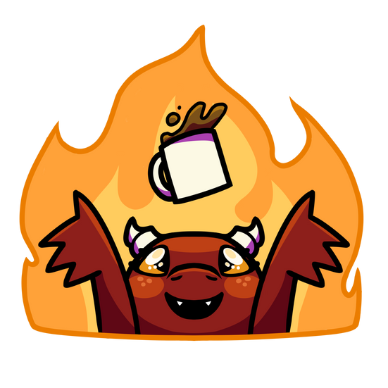 A cartoon of a dragon happily looking up at a mug of cocoa.