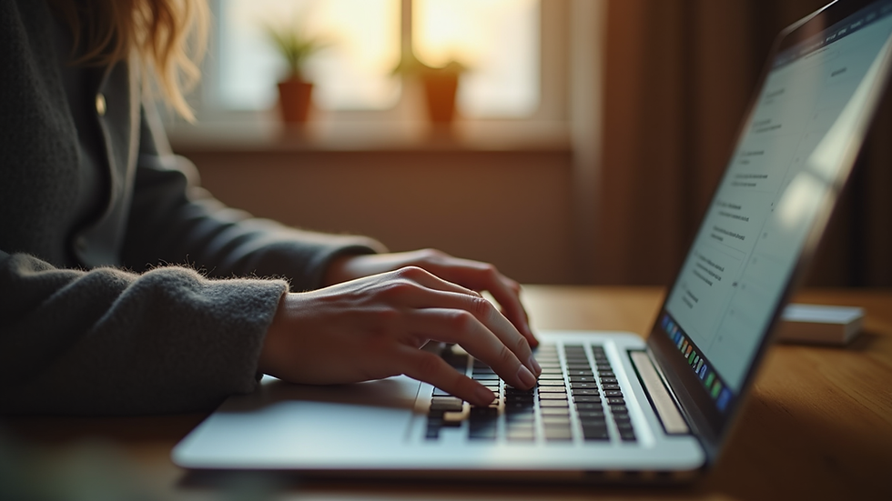 Close-up view of a person typing on a laptop keyboard in a cozy room