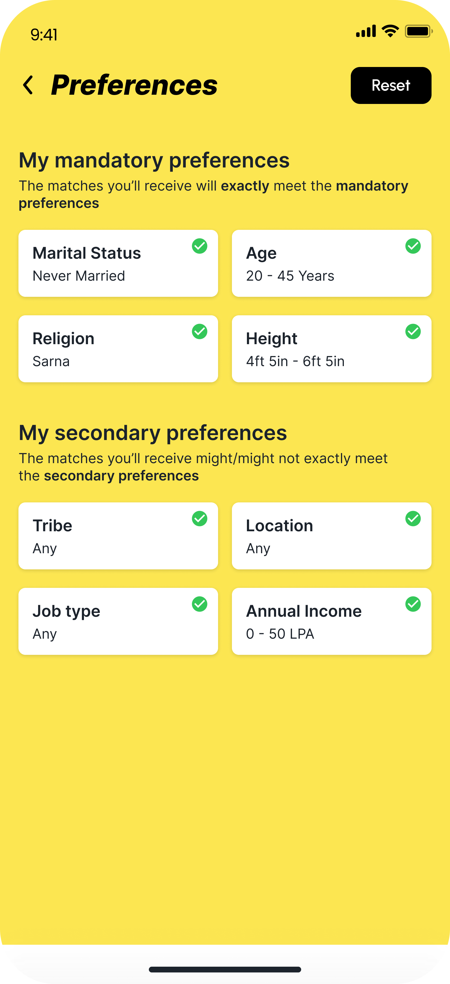 Tribal Matrimony app Preferences screen with selected match criteria for age, marital status, religion, height, and more.