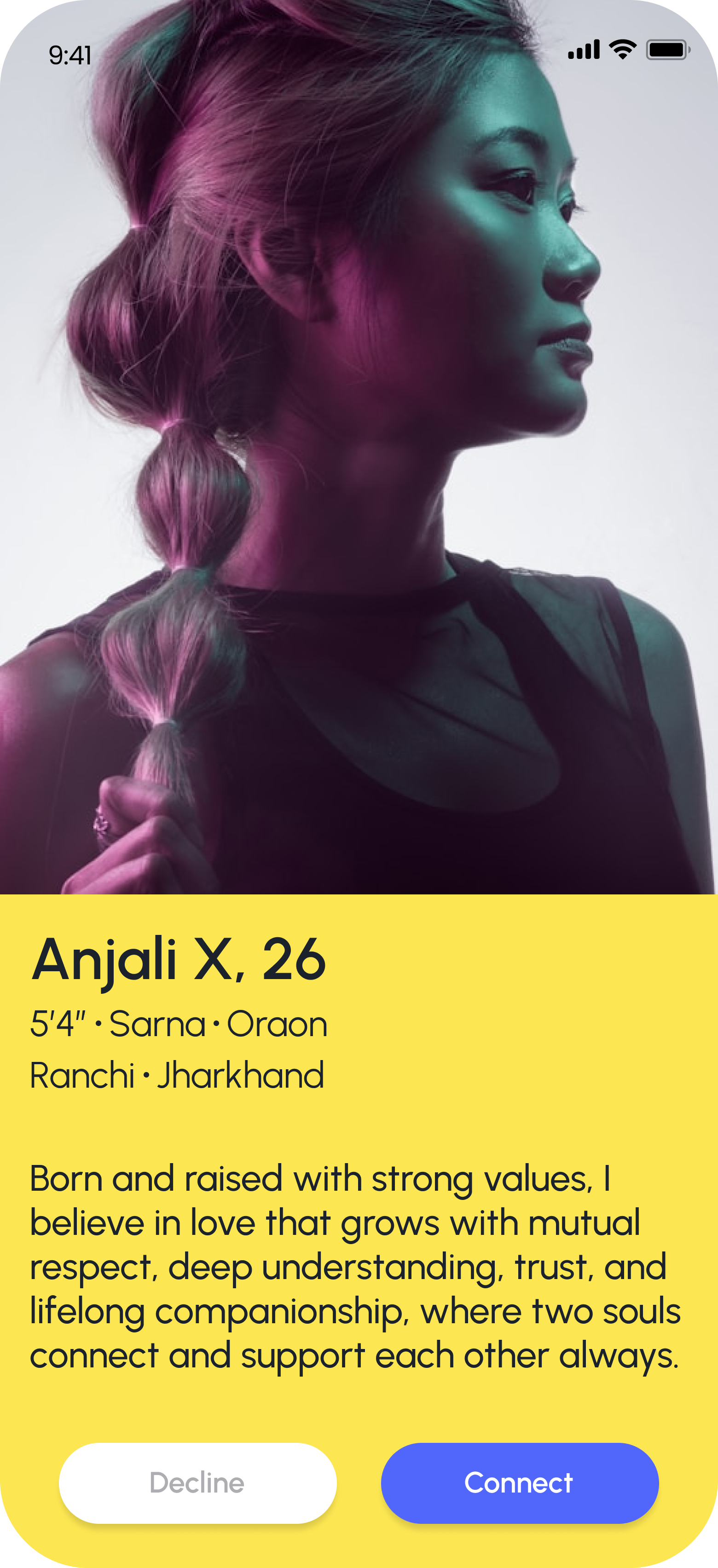 Profile card of Anjali X, 26, from Ranchi, with a side-profile photo and a brief bio about love and values.