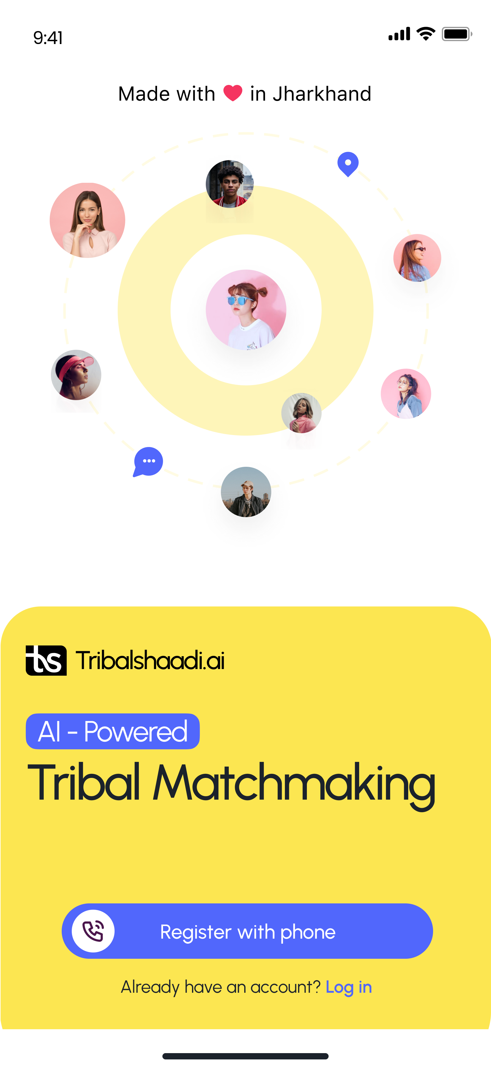 AI-powered tribal matchmaking app welcome screen with user avatars and “Register with phone” button.