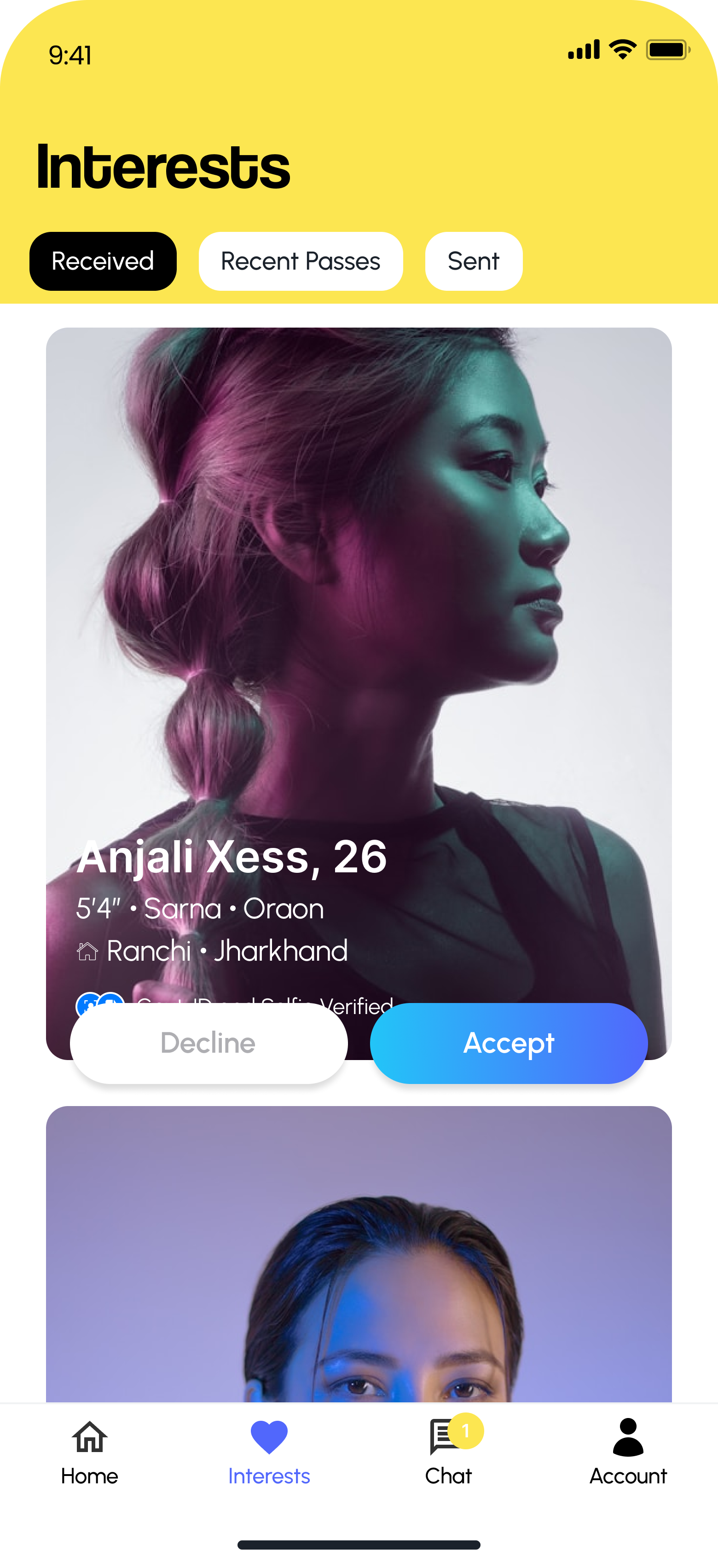 Tribal Matrimony app showing a received interest from Anjali Xess, 26, with profile details and Accept/Decline buttons.