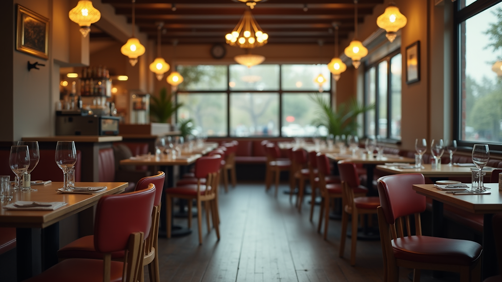 Eye-level view of a cozy restaurant interior with empty tables