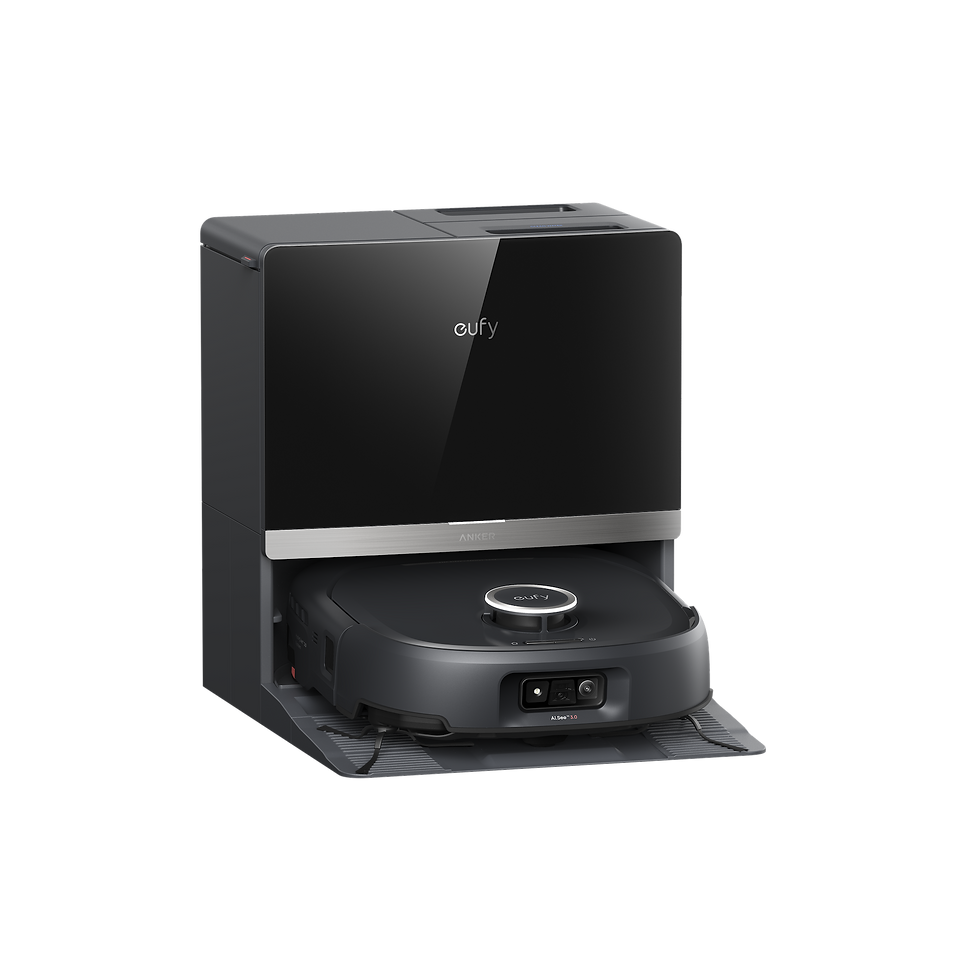 Black Eufy robot vacuum docks in a matching charging station, with eufy and ANKER logos on a clean black background.