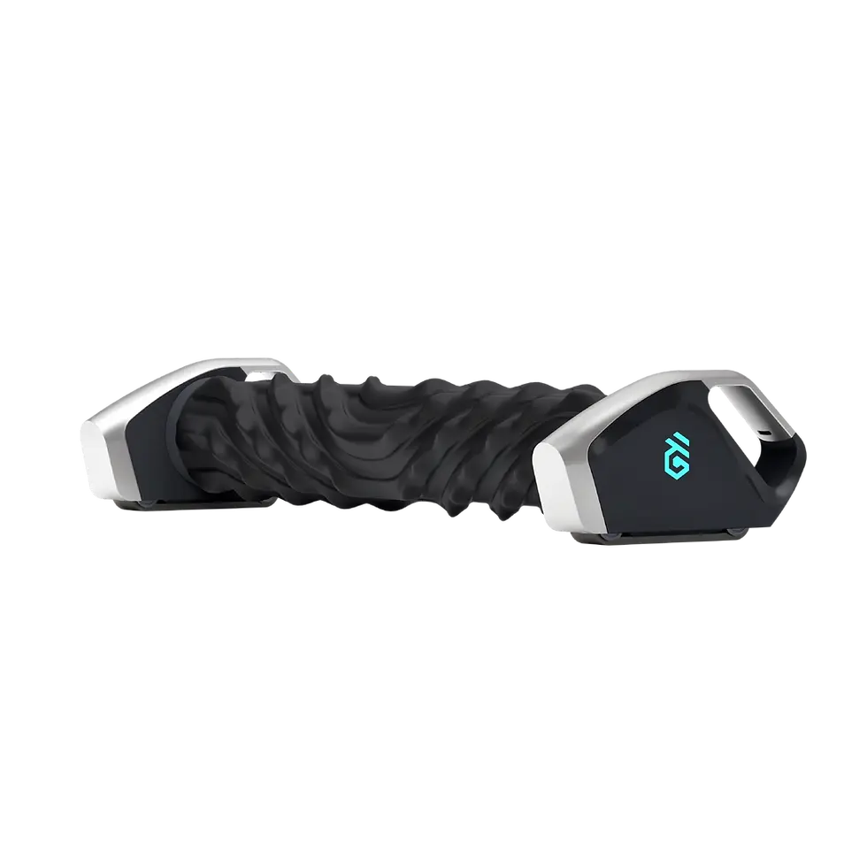 Black foam massage roller with silver handles and cyan logo, isolated on a white background