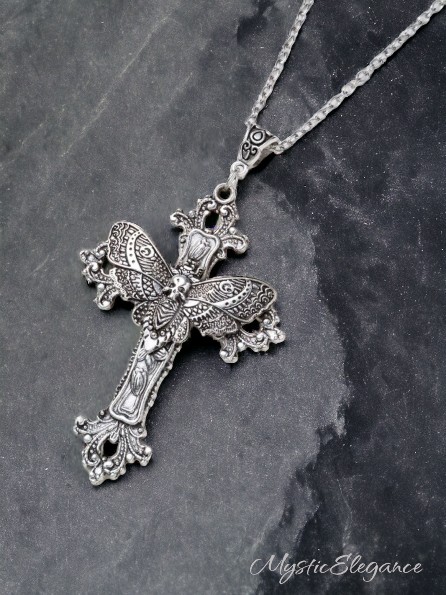 ‘Oleander’ Silver Deaths Head Hawkmoth Gothic Cross Necklace 