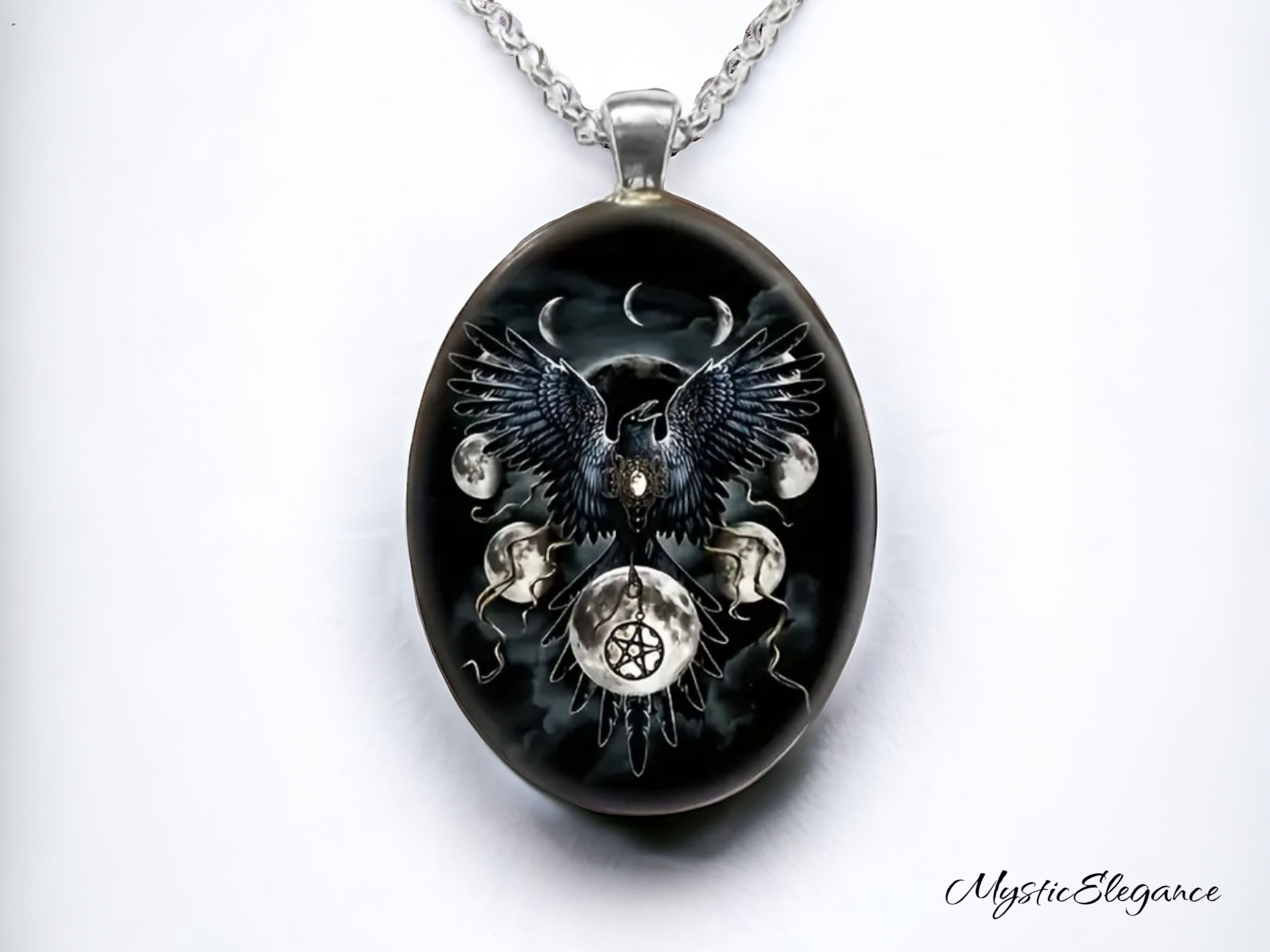 ‘Draven’ Silver Oval Glass Cabochon Crow Necklace