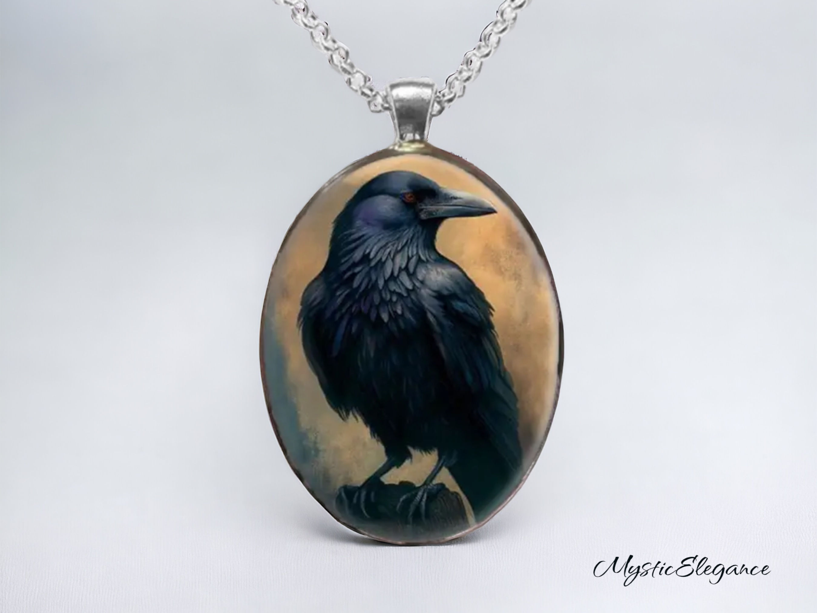  ‘Elise’ Silver Oval Glass Cabochon Crow Necklace