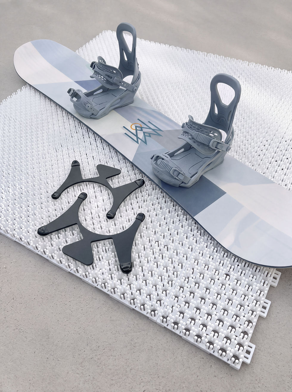 WilderWild Snowboard Training Mat, Butter Mat, with snowboard, at home snowboard training with rail mount bracket.