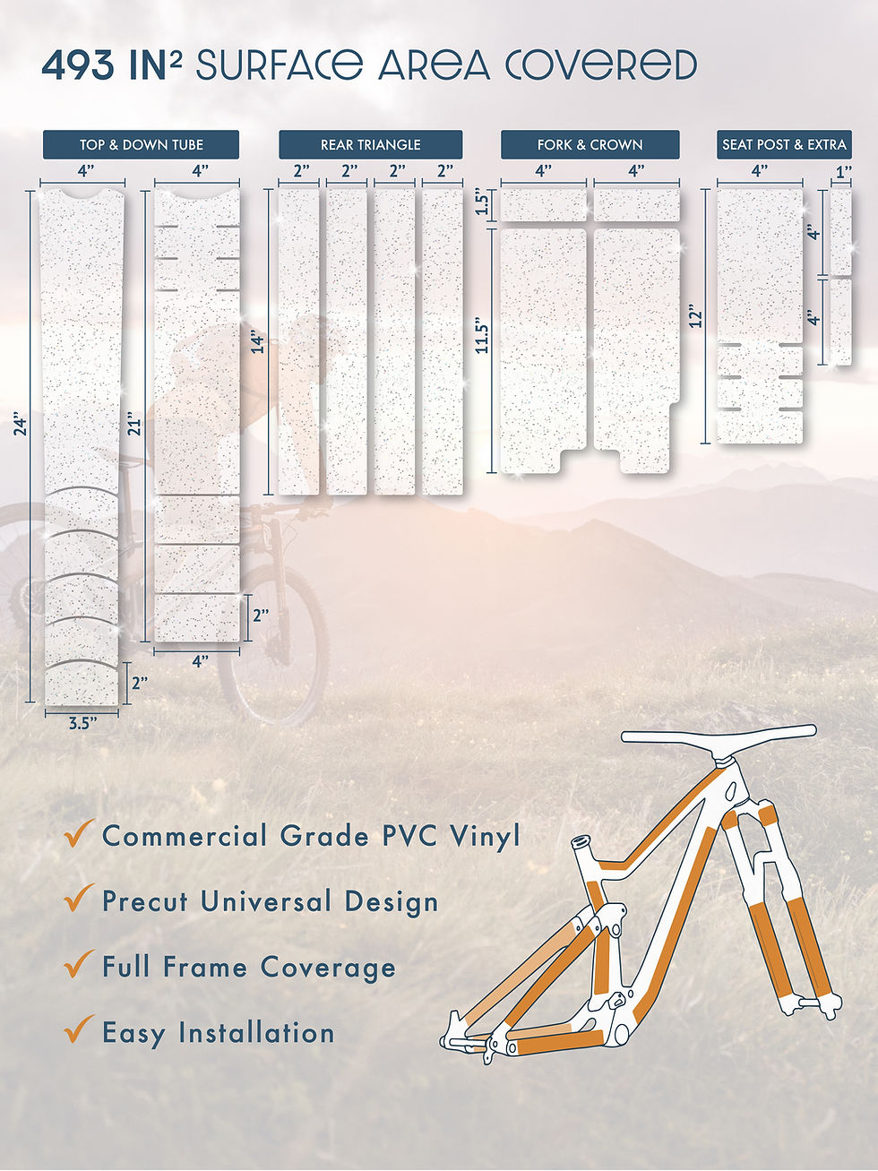 Precut Full Frame Protection Tape Kit with 21 customizable pieces. Measurements showing 493 in² of surface covered on bike