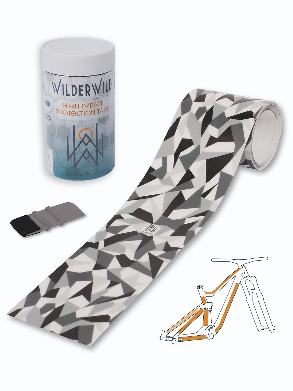 Roll of protection tape, customizable stencil, and squeegee. Full frame mountain bike protection from WilderWild