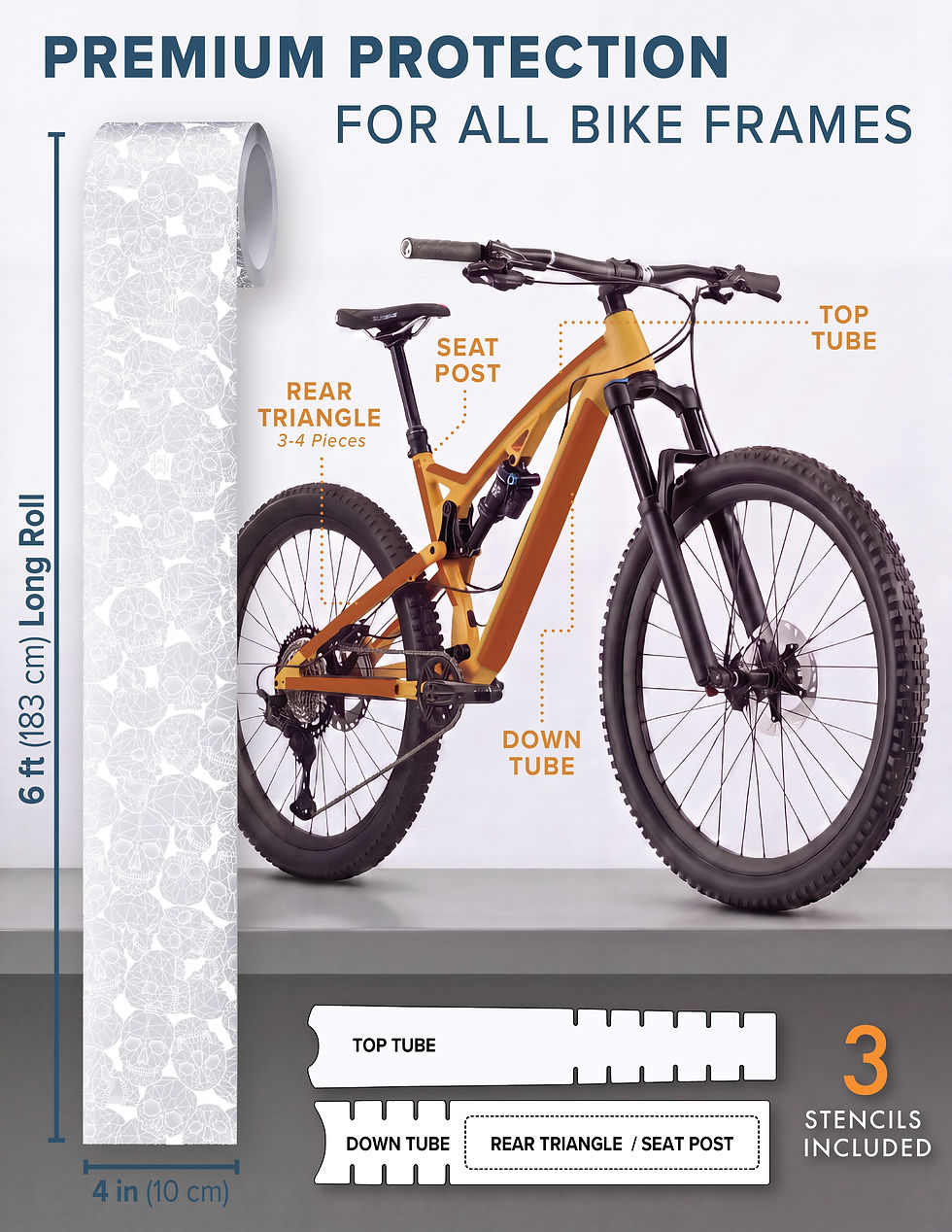 Thumbnail: 6ft by 4 in roll of protection vinyl for mountain bike frame. 3 stencils for easy customization and protects full frame