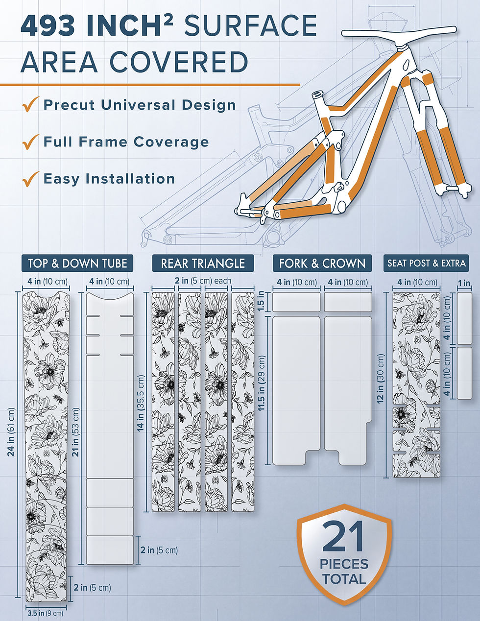 Thumbnail: Precut Full Frame Protection Tape Kit with 21 customizable pieces. Measurements showing 493 in² of surface covered on bike