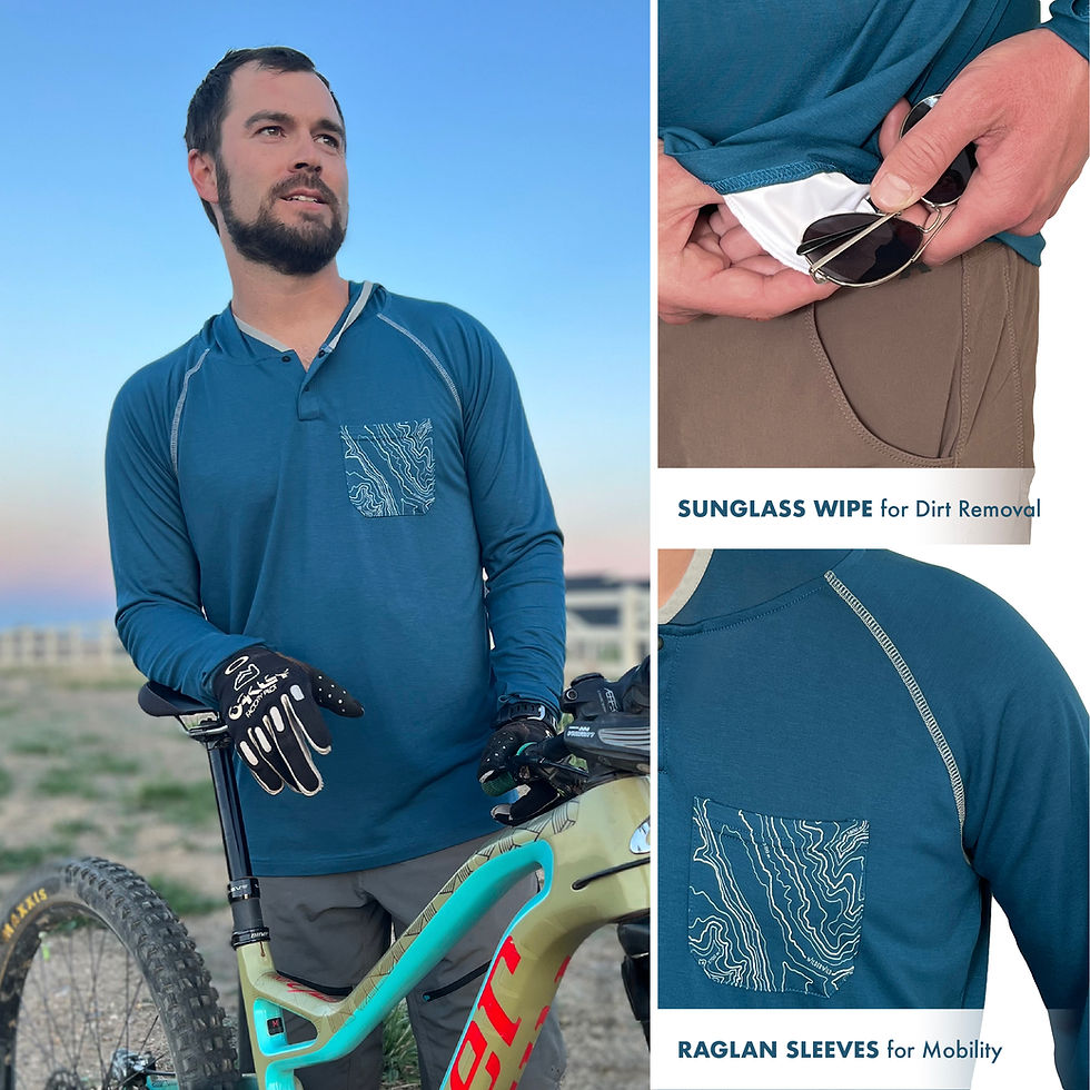 Thumbnail: Dark Blue Bamboo Hoodie from the front with sunglass wipe and raglan sleeve