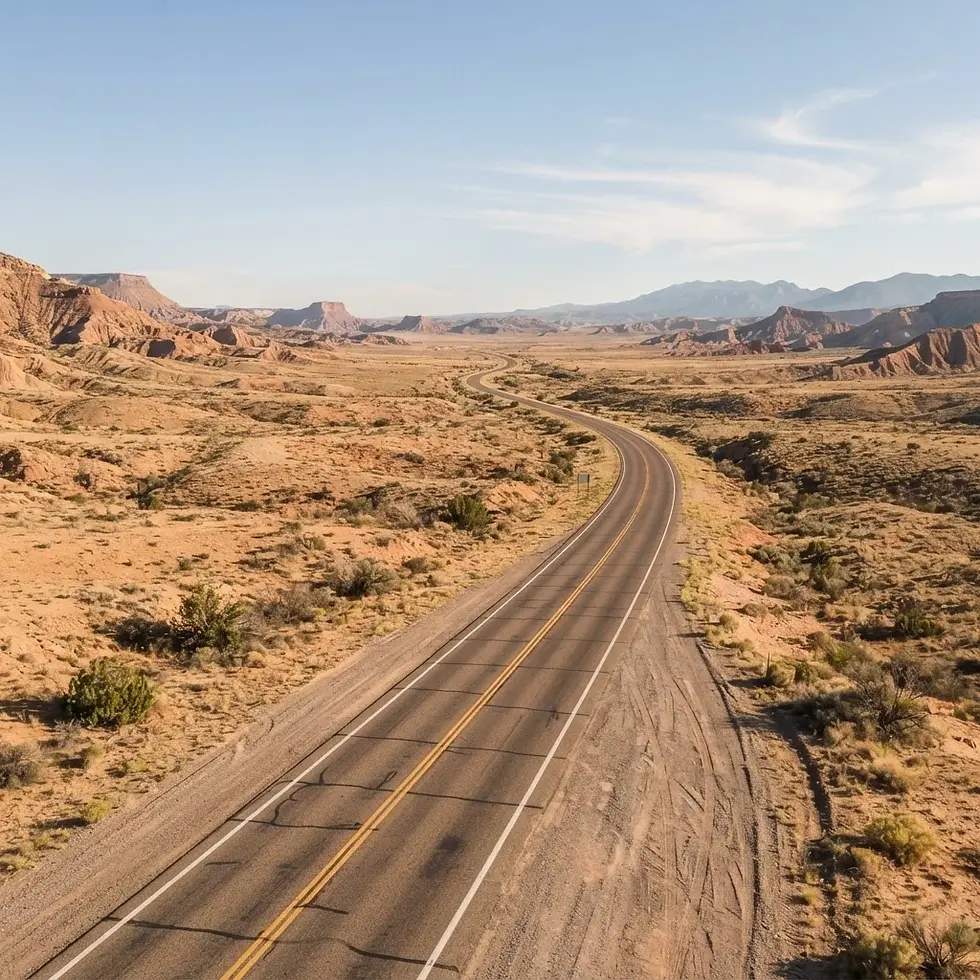 Landscape photography of a long, winding road through a vast desert landscape. The scene evokes a sense of journey and solitude under a clear blue sky.