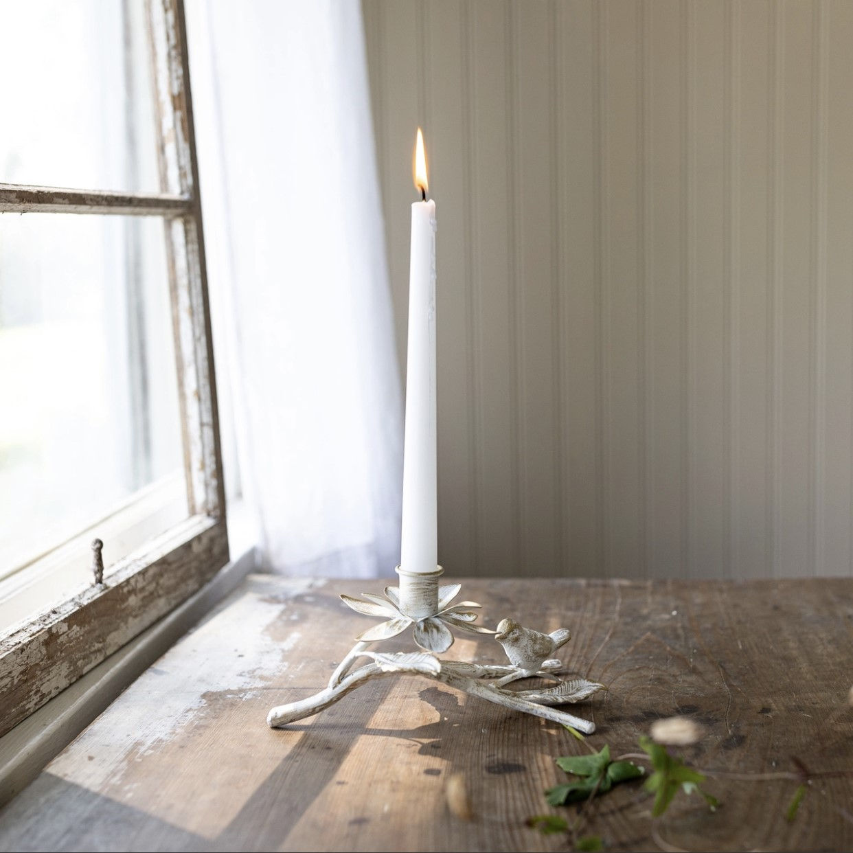 White Floral Taper Candle Holder