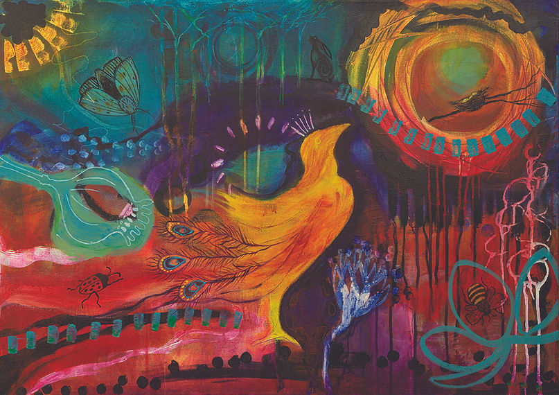 Painting of peacock moth ladybird and nest in acrylic on canvas