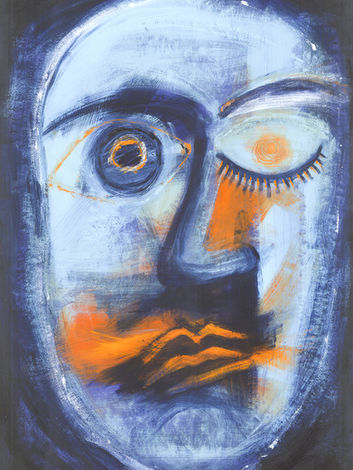 Painting of head filling the space with one eye closed in blud with orange going over the mouth