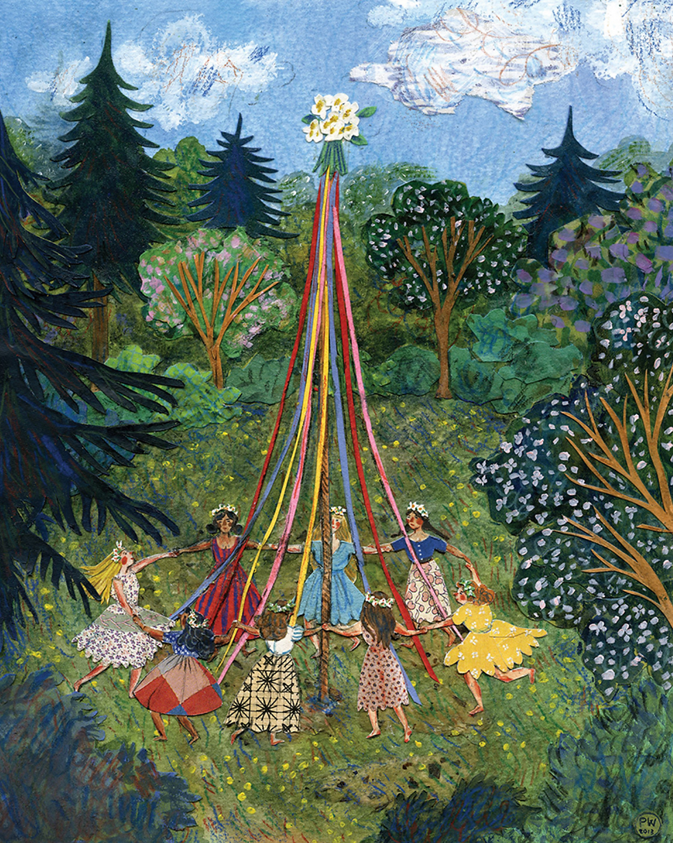 May Day, May Pole Dancing - This spring ritual has its roots in ancient Rome and Germany. It was originally of pagan origin. Art work by Phoebe Wahl