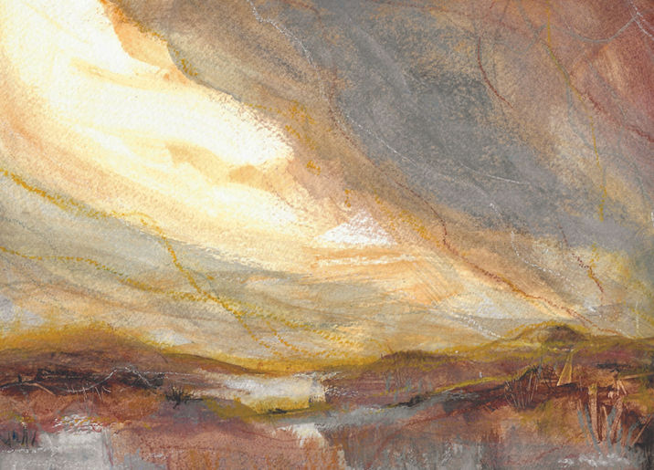 Abstract landscape in oil pastel and acrylic ink of scotland claire fearon